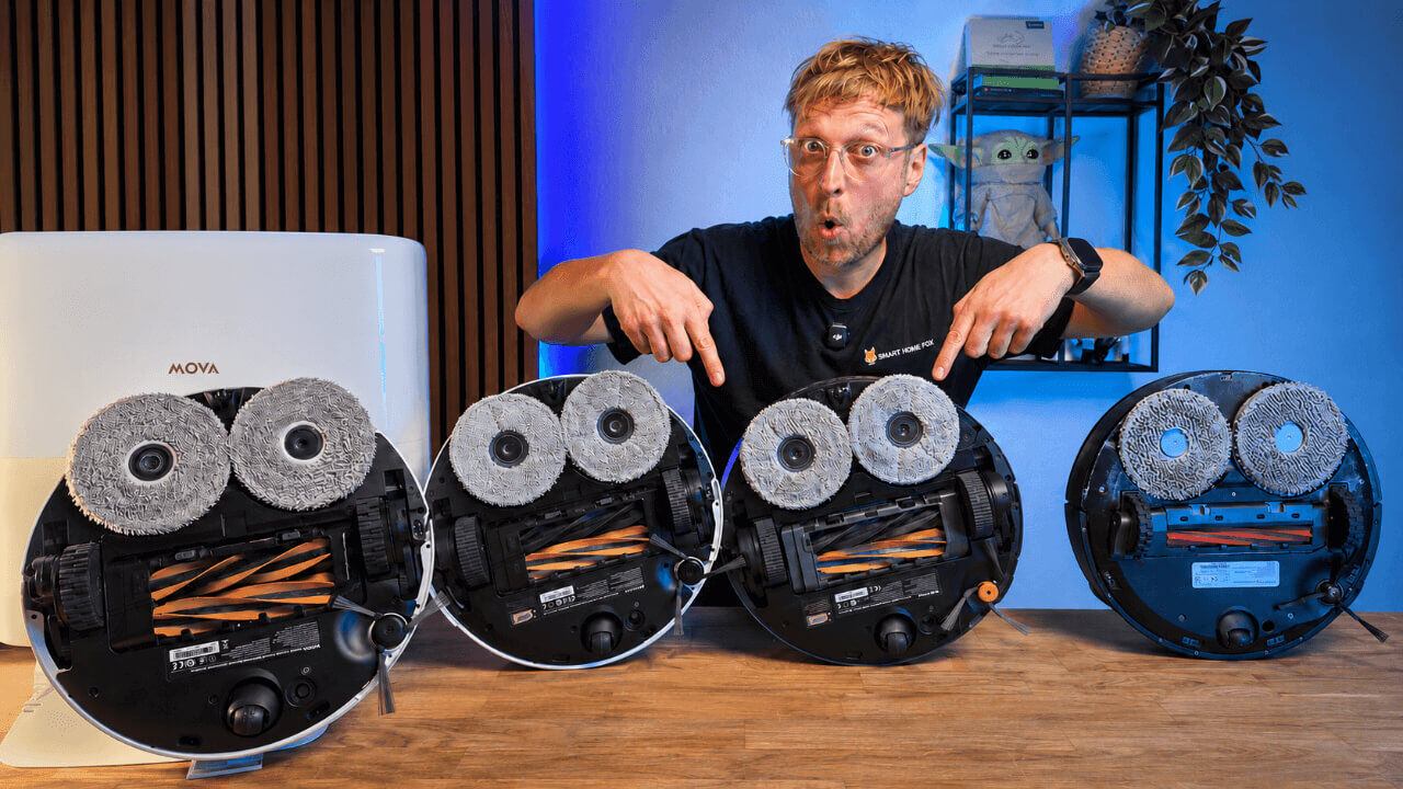 Wischsystem Wischroboter rotierende Wischpads schwenken zur Seite für die Randreinigung an einer Leiste